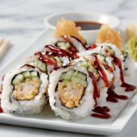 Tempura Shrimp Roll · Sushi rice, nori, sesame, tempura shrimp, cucumber, sushi sauce, soy sauce, ginger, and wasa...