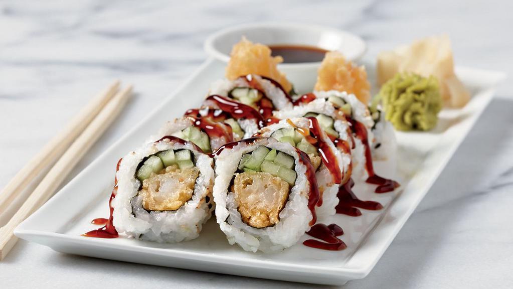 Tempura Shrimp Roll · Sushi rice, nori, sesame, tempura shrimp, cucumber, sushi sauce, soy sauce, ginger, and wasabi 10 pcs. (380 cal.)