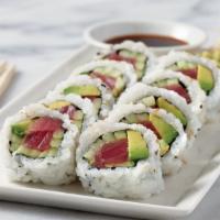 Tuna Roll  · Sushi rice, nori, roasted sesame seeds,  tuna steak, avocados, cucumbers, soy sauce, ginger,...