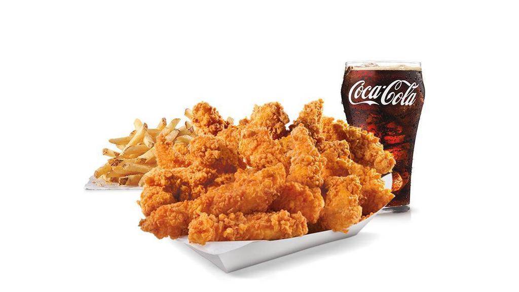 15 Piece - Hand-Breaded Chicken Tenders™ Box Combo · Premium, all-white meat chicken, hand dipped in buttermilk, lightly breaded and fried to a golden brown. Served with a choice of dipping sauce, Fries and a Soft Drink.