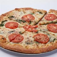 Small 4 Cut White Pizza · 4-cut Pizza. Garlic herb sauce, Parmesan cheese, mozzarella cheese, tomato and fresh spinach