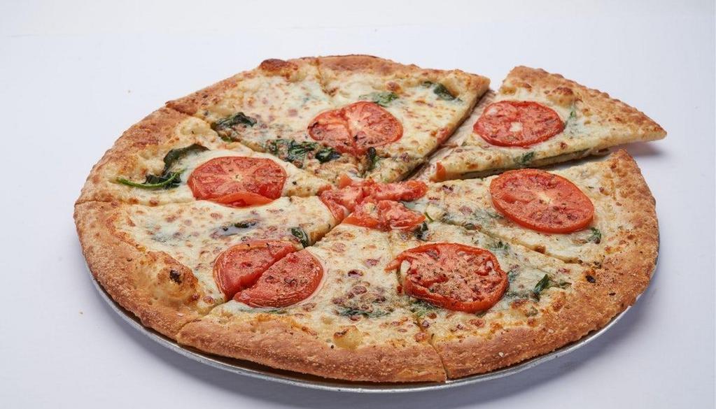 Large 12 Cut White Pizza · 12-cut Pizza. Garlic herb sauce, Parmesan cheese, mozzarella cheese, tomato and fresh spinach