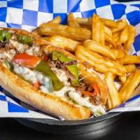 Philly Steak · Sirloin beef steak, provolone, grilled and onions, green and red peppers.