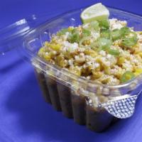 Elote · Fresh corn off the cob, grilled, mixed with our blend of cheeses and spiced crema
