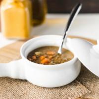 Lovely Lentils Soup · Diced carrots, celery, onions, tomatoes braised with lentils and seasoned with parsley