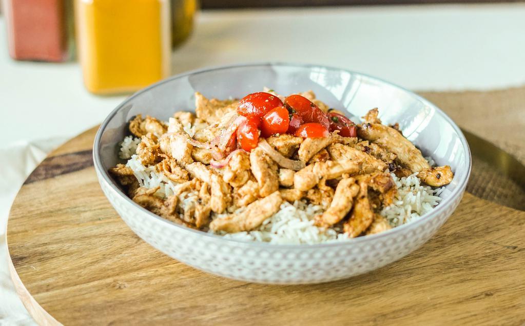 Big Bowls · Your choice of protein cooked to perfection, served on steamed rice, with tomato-onion relish, sauce and pita