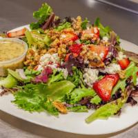 Small Strawberry Fields · Spring Mix / Strawberries / Feta / Red Onion / Sage / Mint / Candied Walnuts / White Balsami...