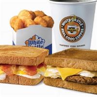 2 Breakfast Toast Slider Meal Cal 1100-1230 · Includes two Breakfast Toast Sliders, Small Hash Brown Nibblers, and Small Coffee.