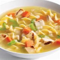 Chicken Noodle · 130 calories. Grilled chicken, carrots, celery, onions, herbs & spices in a light chicken br...