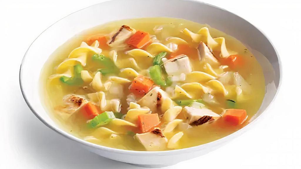 Chicken Noodle · 130 calories. Grilled chicken, carrots, celery, onions, herbs & spices in a light chicken broth, served over egg noodles.