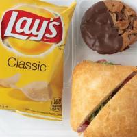Sandwich · Choice of sandwich, potato chips & a chocolate-dipped cookie.
