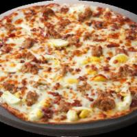 Bake @ Home Bacon Sausage · Medium thin crust with sausage gravy, Italian sausage, bacon, scrambled eggs. Bake at home f...