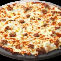 Bake @ Home Sausage-Gravy · Medium thin crust with sausage gravy, Italian sausage, scrambled eggs. Bake at home from fro...
