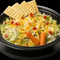 Garden Salad · Lettuce, Cheddar Cheese, Diced Tomatoes with a side of Carrots and Crackers.