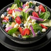 Berry Bliss Salad · Lettuce & Spinach mix, Strawberries, Blueberries, sliced Honey Roasted Almonds, Red Onions, ...