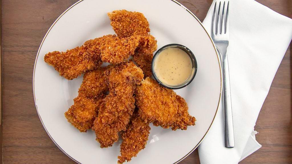 Hand Breaded Chicken Tenders · Fresh breaded to order chicken tenders, served with your choice of bbq, buffalo, honey dijon, or ranch dressing.