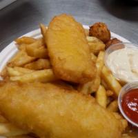 Fish And Chips · 8oz Pollock Battered and Deep Fried. Served with a HUGE Portion of Fries!