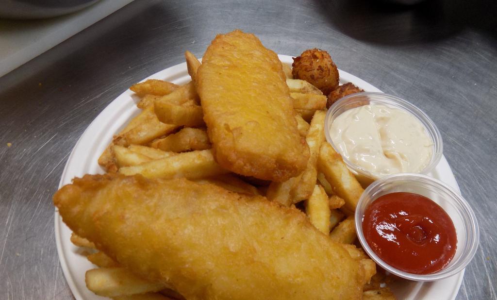 Fish And Chips · 8oz Pollock Battered and Deep Fried. Served with a HUGE Portion of Fries!