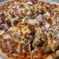 Meat Pizza · Loaded with mozzarella cheese, pepperonis, sausage, hamburger and Canadian bacon.