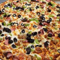 Supreme Pizza · Loaded with mozzarella cheese, pepperoni's, Canadian bacon, Italian sausage, bell peppers, o...