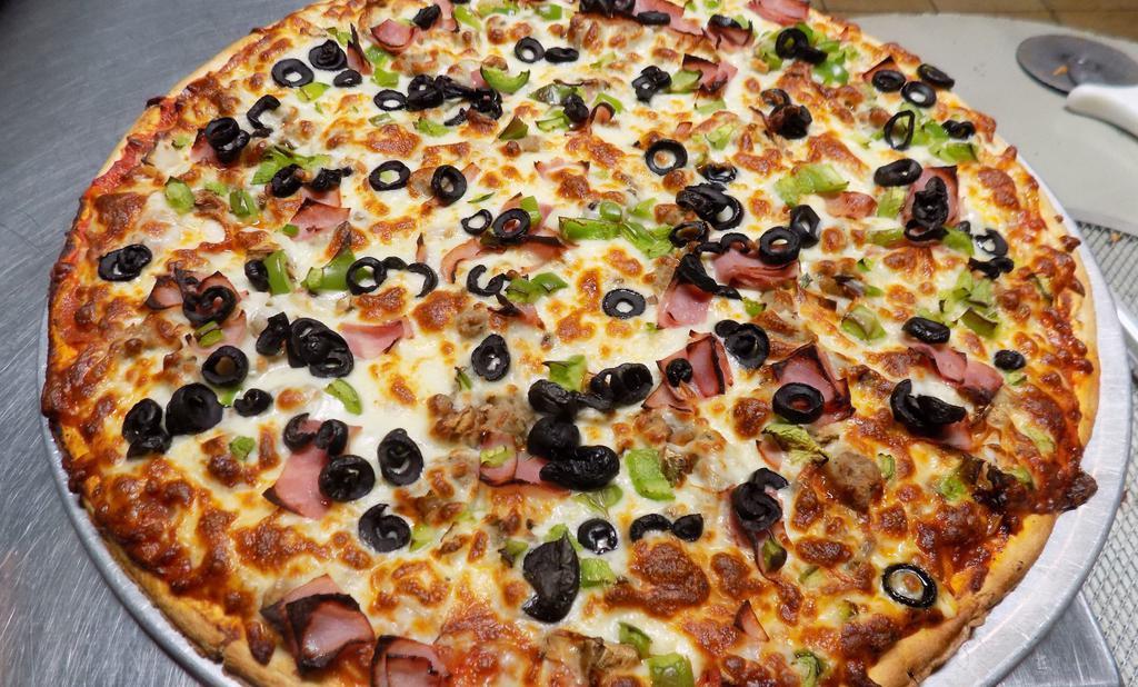 Supreme Pizza · Loaded with mozzarella cheese, pepperoni's, Canadian bacon, Italian sausage, bell peppers, onions, mushrooms and black olives.