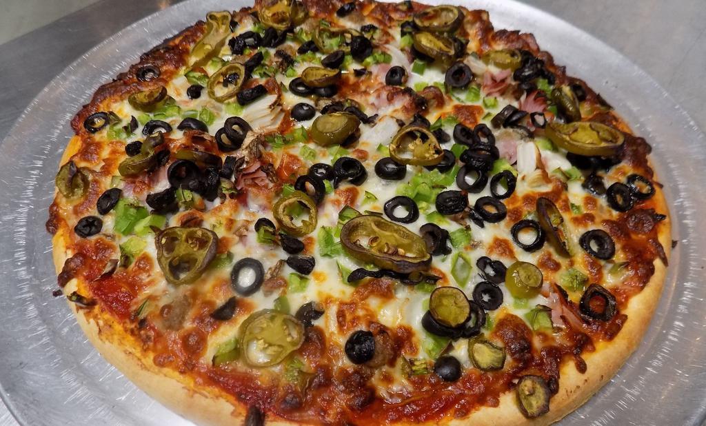 Kitchen Sink Pizza · Loaded with mozzarella cheese, pepperoni's, Canadian bacon, Italian sausage, hamburger, jalapeno's, onions, mushrooms, bell peppers and black olives.