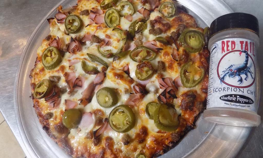 El Diablo · Spicy hot sausage, hamburger, Canadian bacon, jalapeno pepperoni's, jalapeno's and ghost pepper cheese mixed with mozzarella.
