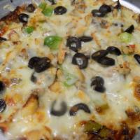 Chicken Alfredo Pizza · Home Made Alfredo Sauce! Lots of Chicken! Bell Peppers, Onions, Olives, Tomatos and Mushrooms.