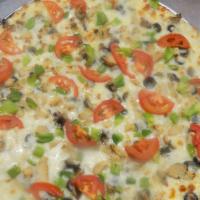 Vegetarian Pizza · Loaded with mozzarella cheese. Bell peppers, onions, mushrooms, tomatoes, black olives, pine...