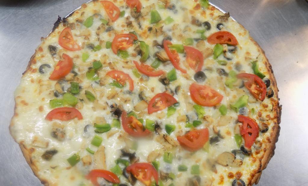 Vegetarian Pizza · Loaded with mozzarella cheese. Bell peppers, onions, mushrooms, tomatoes, black olives, pineapples.