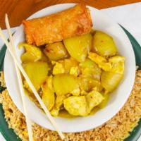 Szechuan Specialties (Combo) · The meal is an individual meal that includes a side of chicken fried rice and egg roll.