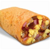 3-Meat Monster Burrito · Eggs, cheddar cheese, diced sausage, cumbled bacon, chopped ham, and mexi fries, scrambled t...