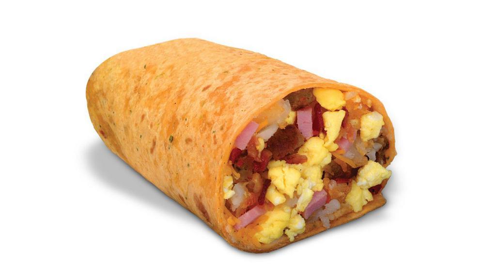 Monster Burrito Combo Meal · Eggs, cheddar cheese, diced sausage, cumbled bacon, chopped ham, and mexi fries, scrambled together and rolled in a zesty salsa tortilla.