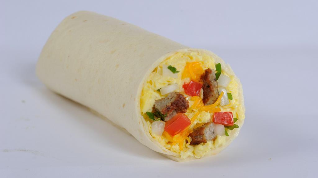 Breakfast Burrito · Diced sausage, crumbled bacon, chorizo sausage, or marinated steak with scrambled eggs, cheddar cheese, pico de gallo wrapped in a homestyle tortilla.