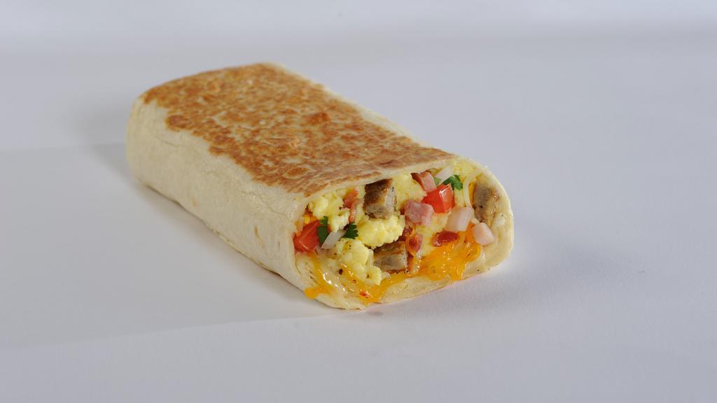 Quesadilla Burrito Combo Meal · Diced sausage, crumbled bacon, three meat  with scrambled eggs, pepper jack cheese, cheddar cheese, pico de gallo, and ranch rolled in a grilled homestyle tortilla.