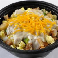 Country Breakfast Bowl · Scrambled eggs, sausage, green peppers, and onion, cheddar cheese, and hash brown potatoes m...
