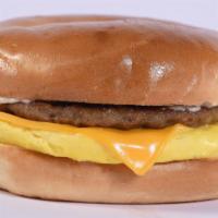 Bagel Bun Sandwich · Sausage patty or bacon, egg patty, American cheese and mayonnaise, all on a soft bagel bun.