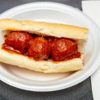Meatball Sandwich · Three meatballs on French bread with red sauce.