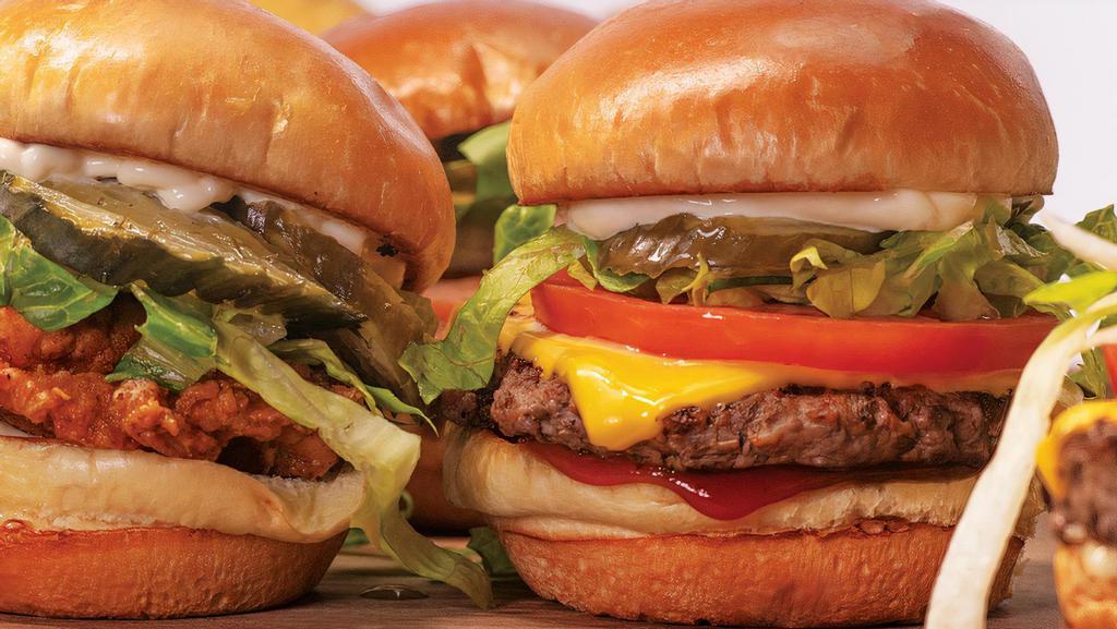 Classic 3 Pack · 3 Classic Angus Beef Sliders Comes with Cheese, Seasoned Pickles, Lettuce, Tomato, Mayo + Ketchup
