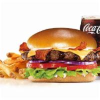 Bacon & Cheese Angus Burger Combo · A 1/3 lb. charbroiled 100% black angus beef patty, crisp bacon, melted American cheese, toma...