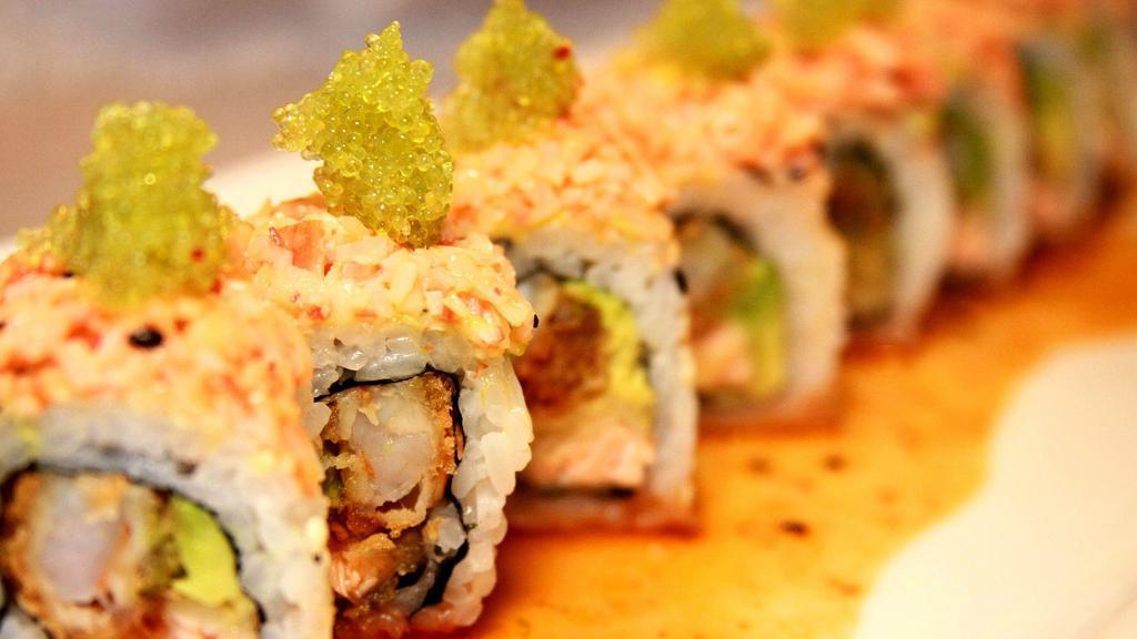 Samurai · Salmon, avocado, and coconut shrimp roll top with avocado, spicy crab mix, and wasabi tobiko caviar drizzled with sweet spicy wasabi mayo.