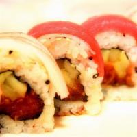 Sooner · Spicy tuna and cucumber roll topped with ahi tuna and crab sticks drizzled with spicy sweet ...