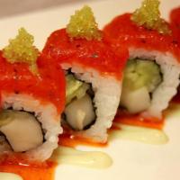 Stop & Go · Albacore, escolar, and cucumber roll, topped with spicy tuna and wasabi tobiko caviar severe...