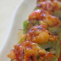 Mardi Gras · Spicy crab mix, jalapeno, and tempura crispy roll topped with avocado and spicy Cajun crawfi...