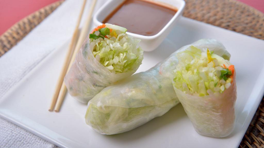 Fresh Rolls (2 Pieces) · Gluten-free. Your choice of chicken, shrimp, tofu or vegetarian, with lettuce, cucumber, green onions, cilantro, bean sprouts and carrots wrapped in softened rice paper. Served with our house special dipping sauce.