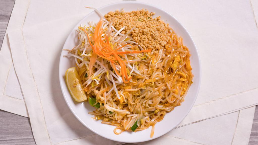 Pad Thai (The Most Famous Thai Dish) · Gluten-free. Sautéed rice noodles with eggs, bean sprouts, and green onions, garnished with crushed
peanuts.