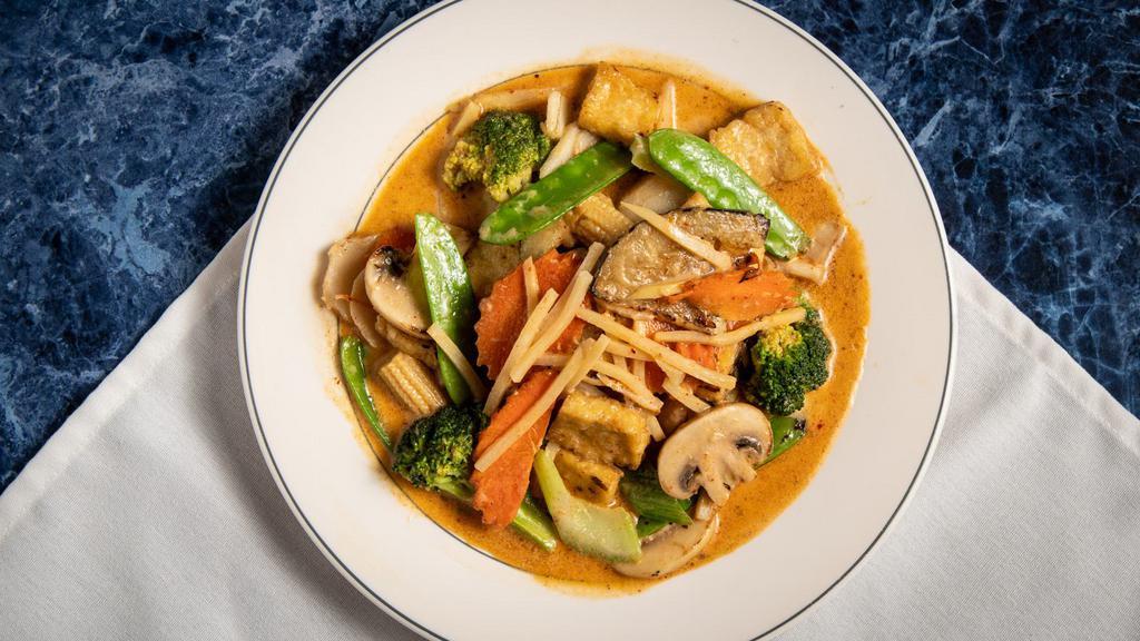 Vegetable Curry · Gluten-free. Broccoli, bamboo shoots, celery, mushrooms, Napa, peapods, water chestnuts, carrots, baby corn, and eggplant in red curry and coconut milk.