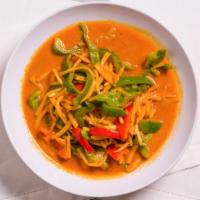 Seafood Gang Dang · Gluten-free. Bamboo shoots, mushrooms, shrimp, green peppers in a red curry and coconut milk.