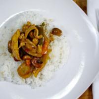 Pad Cashews · Cashews, onions, bamboo shoots and green onions stir-fried in a brown sauce.