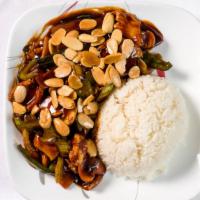Pad Almond · Green peppers, bamboo shoots, mushrooms, green onions, celery, and water chesternuts
stir-fr...